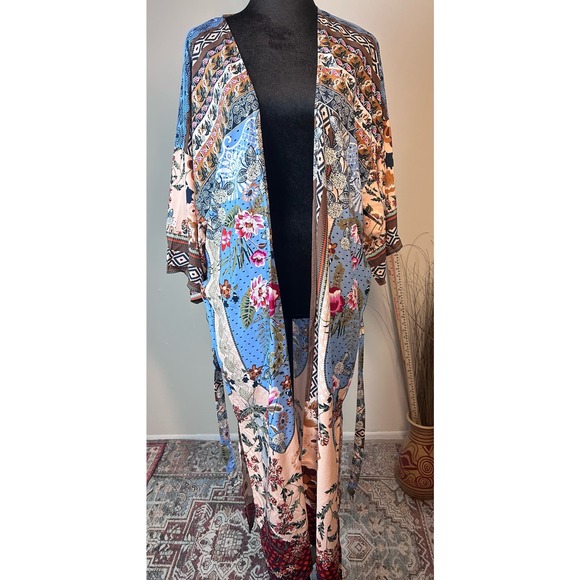 Floral Boho Kimono One Size Brown Blue Multicolor Bohemian Robe Swimsuit Coverup - Picture 7 of 8